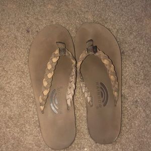 Rainbow braided flip flops